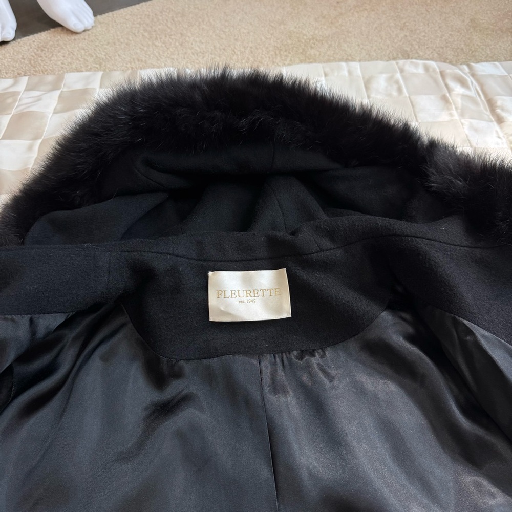 Loro Piana Fleurette Black Wool Double Breasted Coat Genuine Fox Fur Trim Sz 22 - Picture 5 of 17